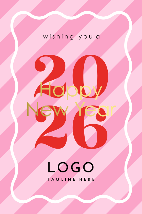 Zakelijke kerstkaart logo roze jaartal 2026 goudfolie strepen