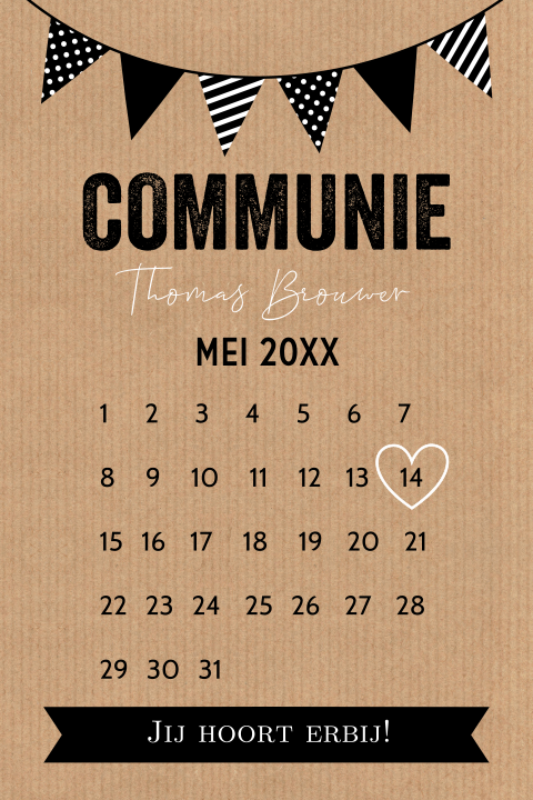 Communie uitnodiging jongen met kalender kraftlook slinger