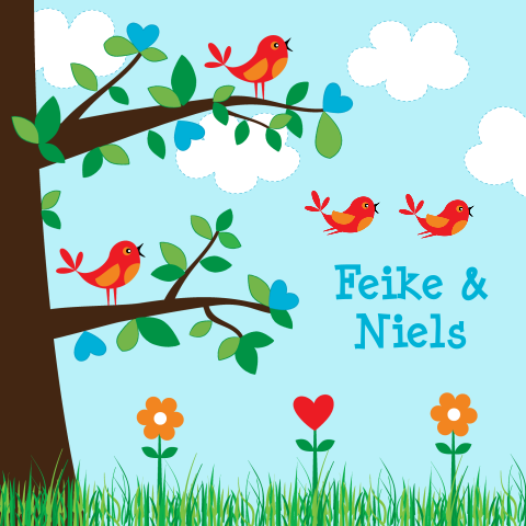 Geboortekaartje tweeling jongens vogeltjes boom blauw
