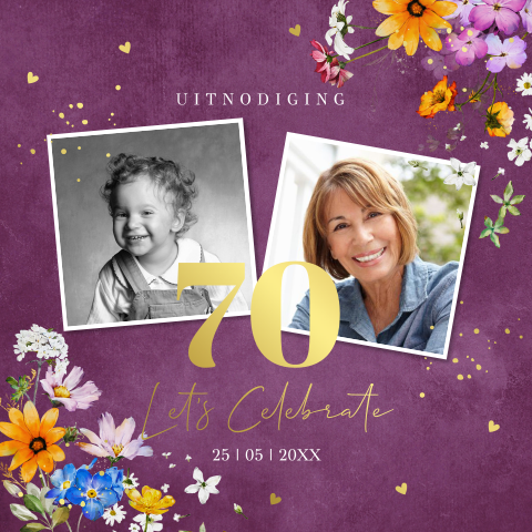 Uitnodiging verjaardag 70 jaar met foto bloemen vrouw goudfolie
