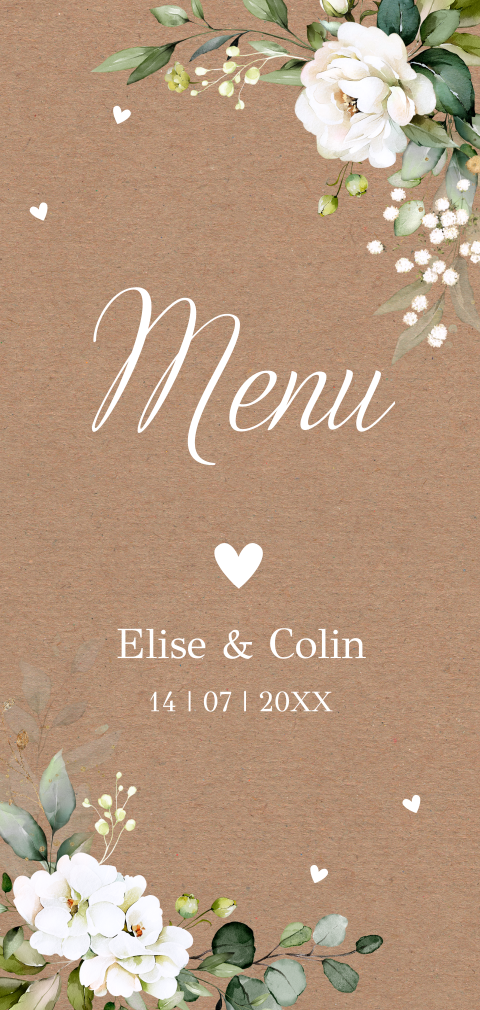 Menukaart bruiloft botanisch witte rozen kraftlook