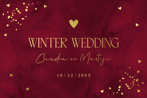 Trouwkaart winter wedding kerst rood hartje goudfolie