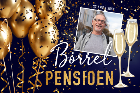 Pensioen uitnodiging blauw eigen foto ballonnen goudlook
