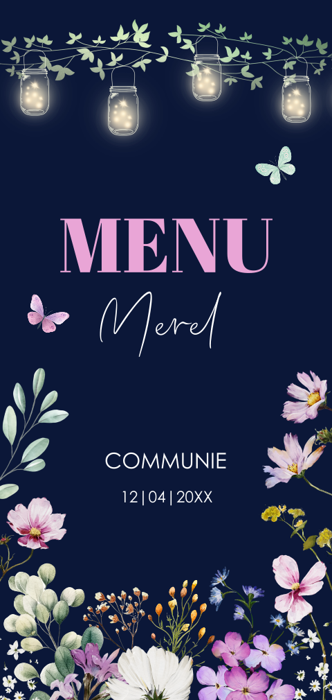 Menukaart communie bloemen roze meisje lampjes