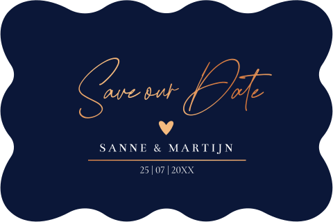 Save the Date kaart blauw originele vorm golvend koperfolie
