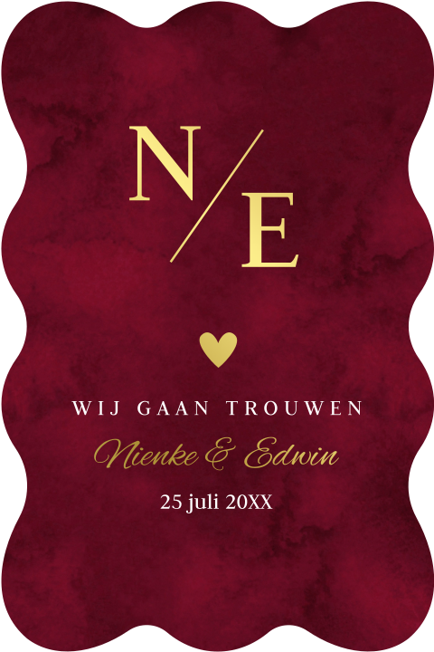 Trouwkaart rood originele vorm golvend goudfolie