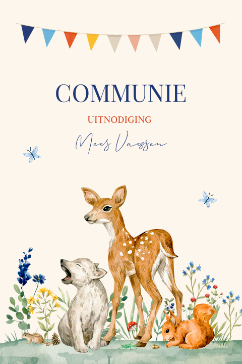 Communie uitnodiging jongen bosdieren slinger