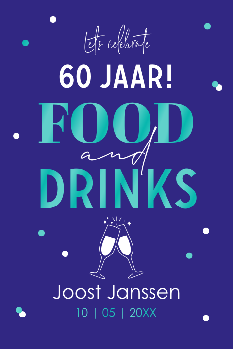 Uitnodiging verjaardag 60 jaar foods and drinks hoogglans blauw man