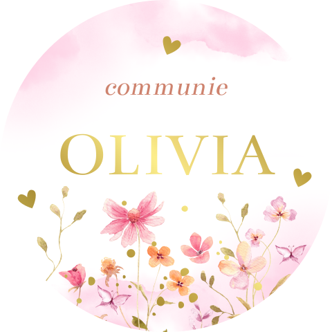 Stickers communie rond bloemen roze naam goudfolie