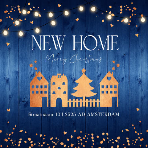 Kerst verhuiskaart huisjes blauw hout koperlook lampjes