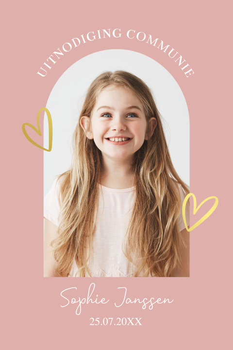 Communiekaart meisje eigen foto boog roze goudfolie
