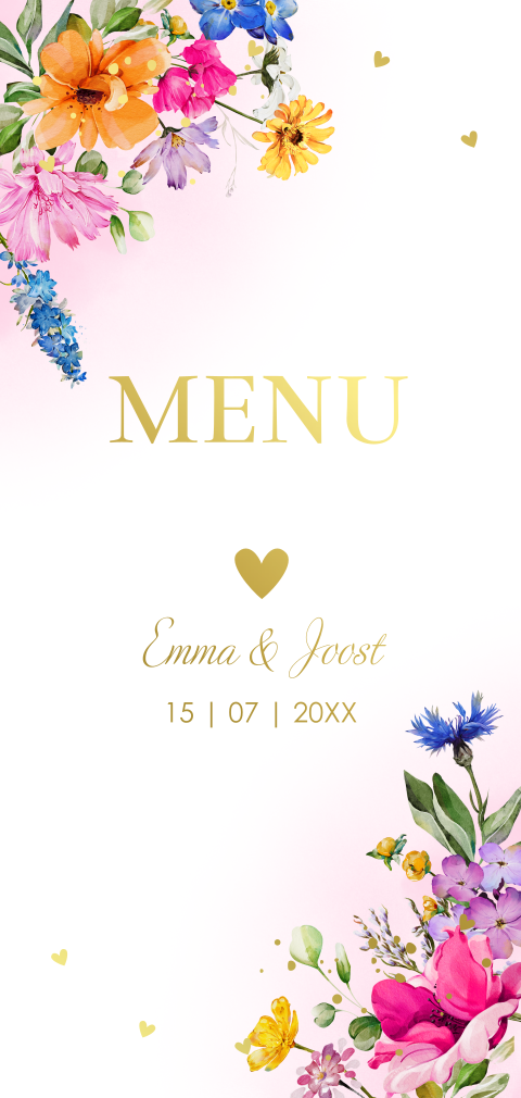 Menukaart langwerpig huwelijk bloemen roze Bright Flowers goudfolie