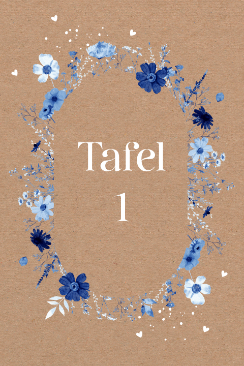 Tafelkaart bloemenkrans blauw kraftlook