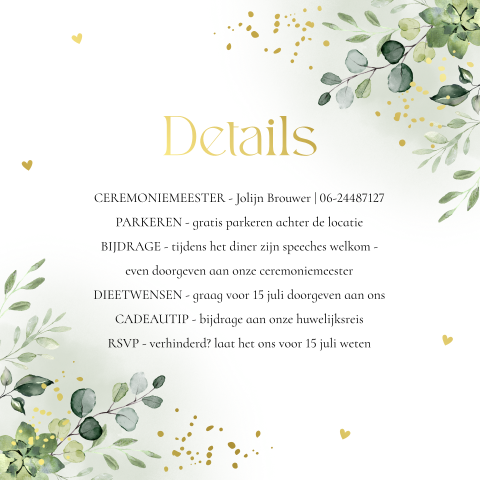 Inlegkaartje huwelijk kalkpapier botanisch floral groen goudfolie