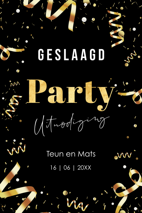 Uitnodiging geslaagd examenfeest zwart slingers goudlook