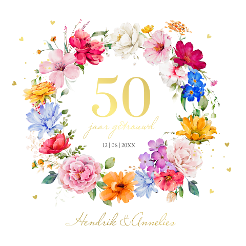 Jubileum uitnodiging 50 jaar getrouwd bloemen goudfolie