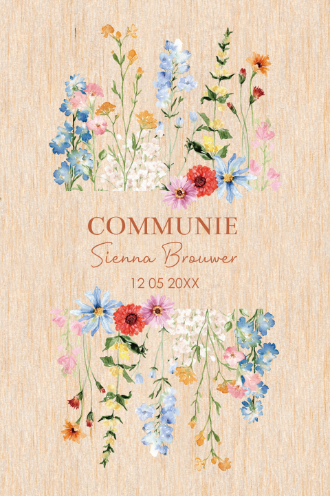 Communie uitnodiging meisje echt hout veldbloemen rood bruin