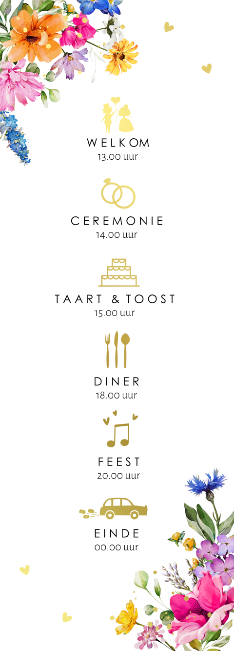 Programmakaartje bruiloft fleurige bloemen goud symbolen (per 3 stuks)