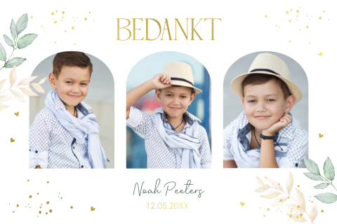 Bedankkaart communie jongen fotocollage blaadjes goudfolie