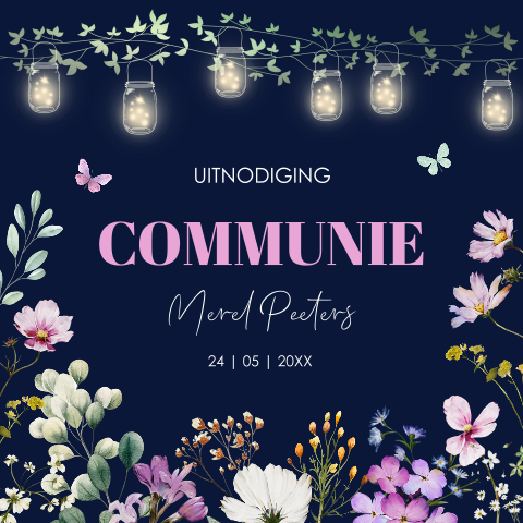 Communie uitnodiging meisje bloemen paars vlinders