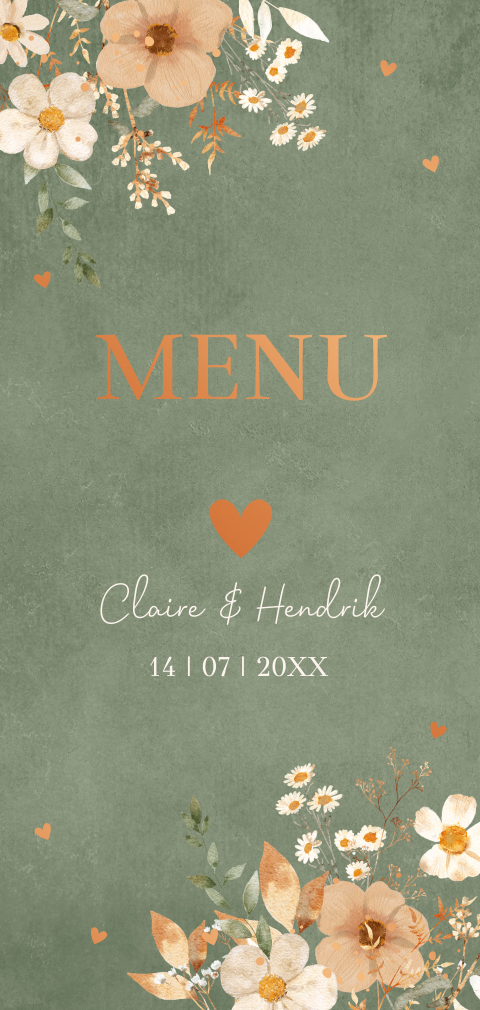 Menukaart huwelijk groen bloemen beige koperfolie