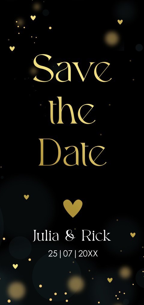 Save the Date kaart zwart goudfolie langwerpig hartje