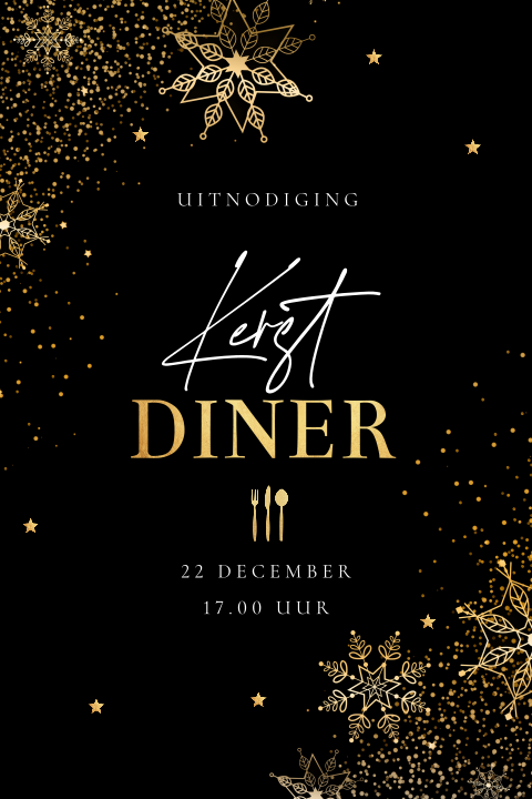Uitnodiging kerstdiner zwart kersttakjes en goudlook
