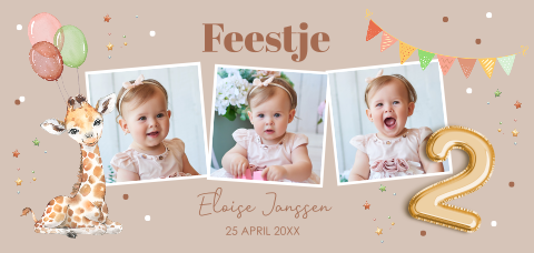 Uitnodiging kinderfeestje meisje 2 jaar fotocollage giraffe ballonnen