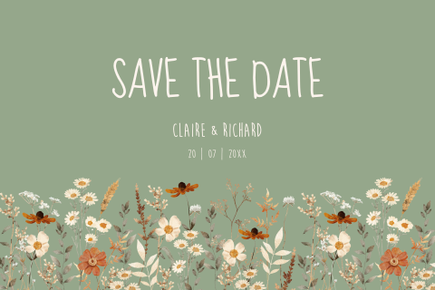 Save the Date kaart groen veldbloemen beige