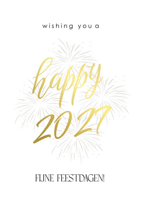 Zakelijke kerstkaart wit Happy 2027 vuurwerk goudfolie