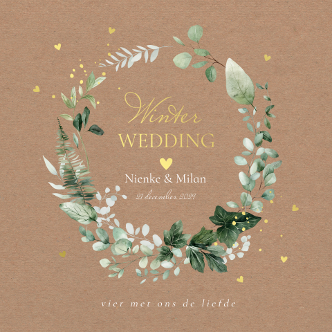 Winter wedding trouwkaart kerstkrans groen kraft goudfolie