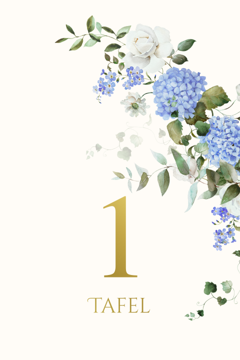Tafelnummerkaartje gastindeling bloemen blauw wit goudfolie