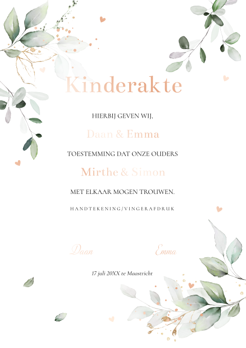 Kinderakte huwelijk bladeren groen botanisch rosegoudfolie
