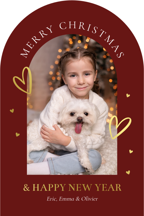 Luxe kerstkaart rood boog vorm met foto goudfolie