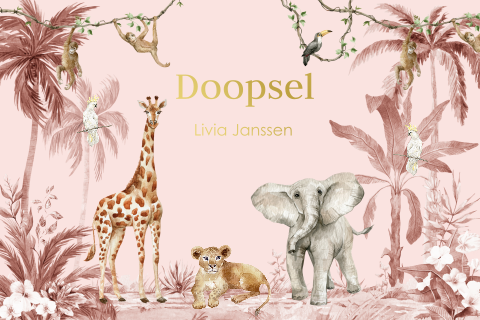 Doopkaart meisje jungle safari dieren goudfolie