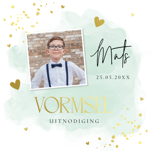 Vormsel uitnodiging jongen groen waterverf foto goudfolie