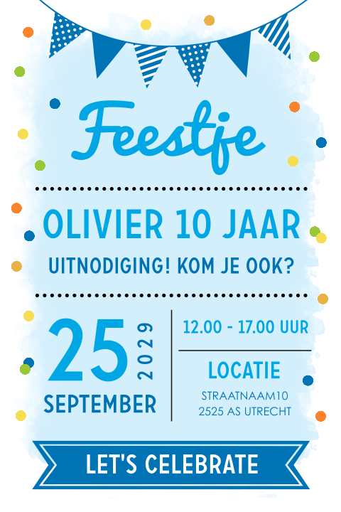 Uitnodiging kinderfeestje jongen 10 jaar typografie slinger waterverf