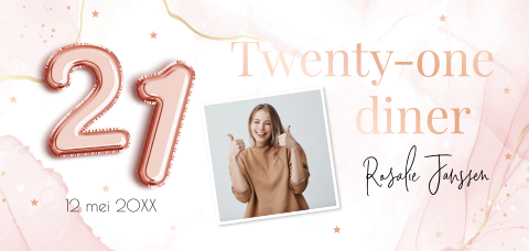 Uitnodiging 21 diner party vrouw foto roze foliedruk
