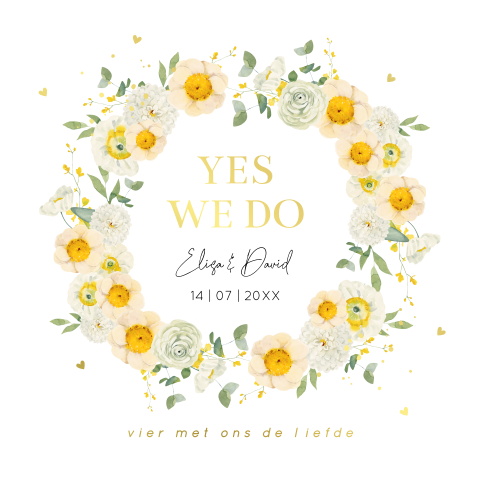 Trouwkaart bloemenkrans geel watercolour goudfolie