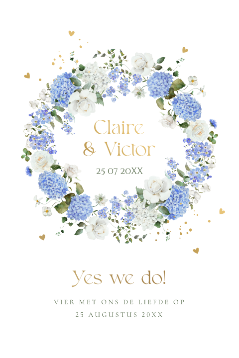 Trouwkaart boog watercolour bloemen blauw hortensia goudfolie