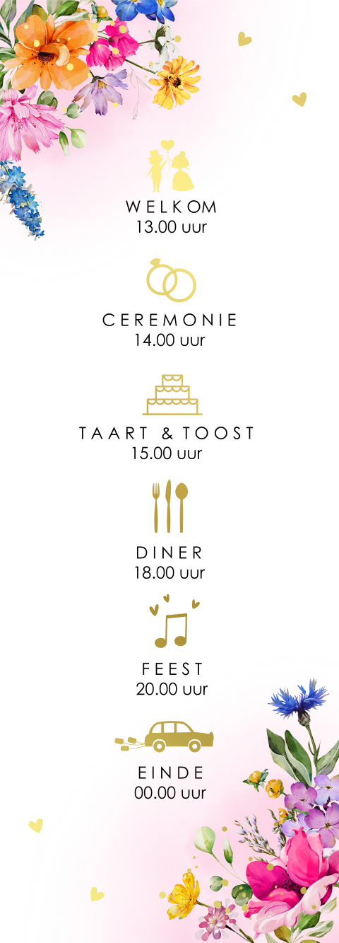 Programmakaartje bruiloft fleurige bloemen goud symbolen (per 3 stuks)