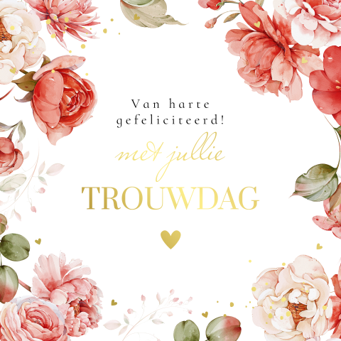 Felicitatie kaart huwelijk jubileum bloemen goudfolie