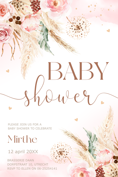 Babyshower uitnodiging bohemian bloemen