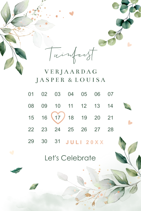Tuinfeest uitnodiging botanisch kalender groen blaadjes rosegoudfolie
