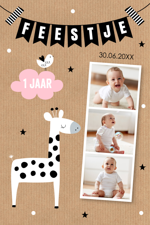 Uitnodiging kinderfeestje meisje 1 jaar foto giraffe kraft slinger