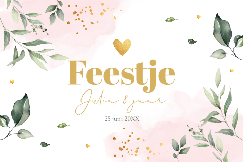 Uitnodiging kinderfeestje meisje botanisch bladeren