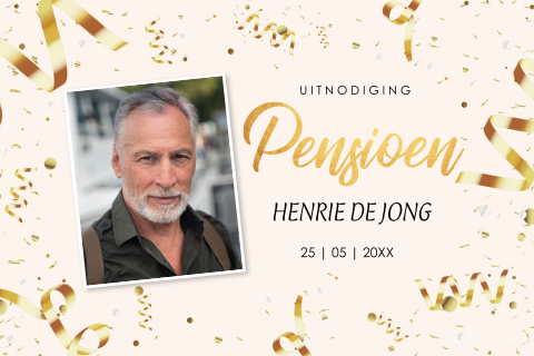 Pensioen uitnodiging foto wit goudlook confetti