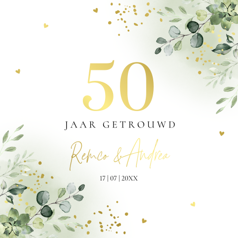 Jubileum uitnodiging 50 jaar getrouwd botanisch groen goudfolie