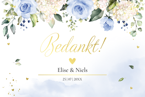Bedankkaart huwelijk blauw watercolour bloemen rozen goudfolie
