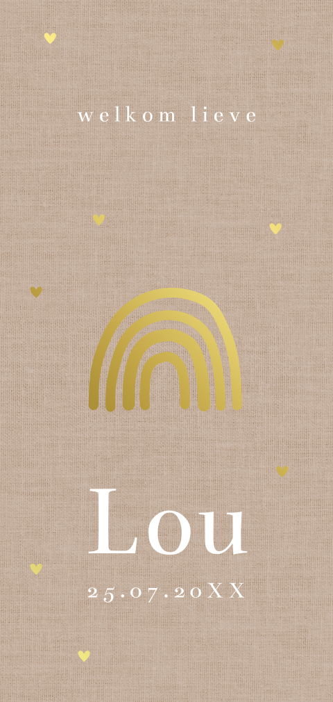 Geboortekaartje langwerpig beige regenboogje goudfolie